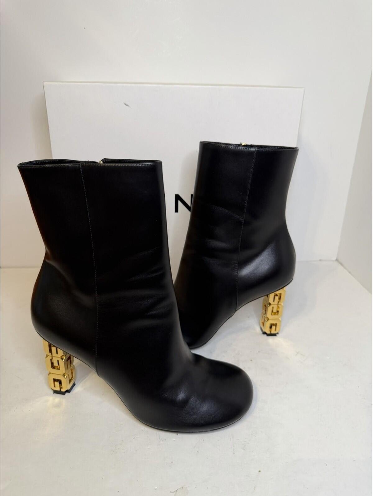 Givenchy G Cube Ankle Boots Black Gold Heel Women’s Eu 40 Us 10